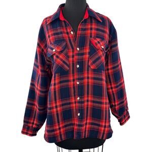 VTG Woodland Red Navy Flannel Jacket Plaid Collared Lumberjack Button-Up Sz L